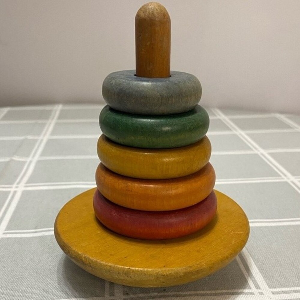 Classic Wooden Rainbow Color Cone Rocking Pyramid Stacking Toddler Child Kid Toy